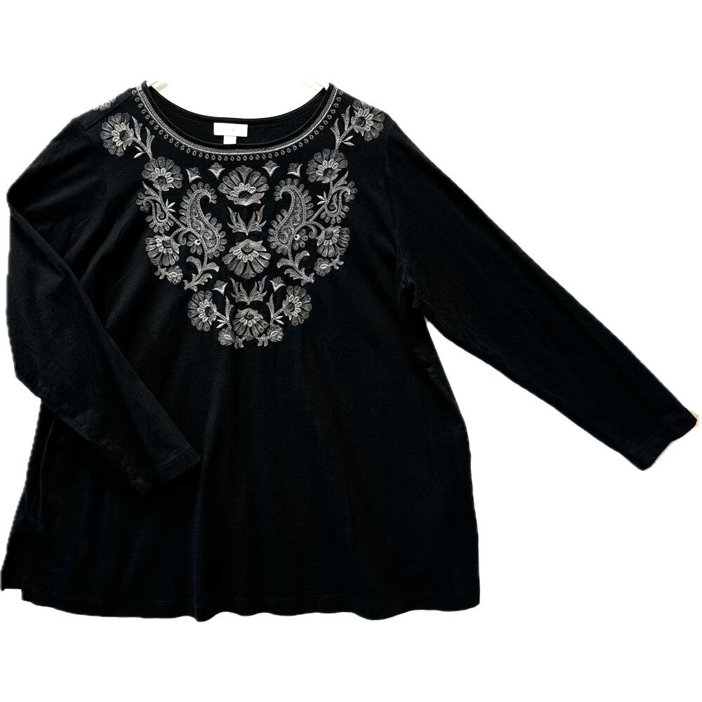 J.JILL Cotton Long Sleeve Pullover Women's Sz XL Black &  Embroidery Embellished